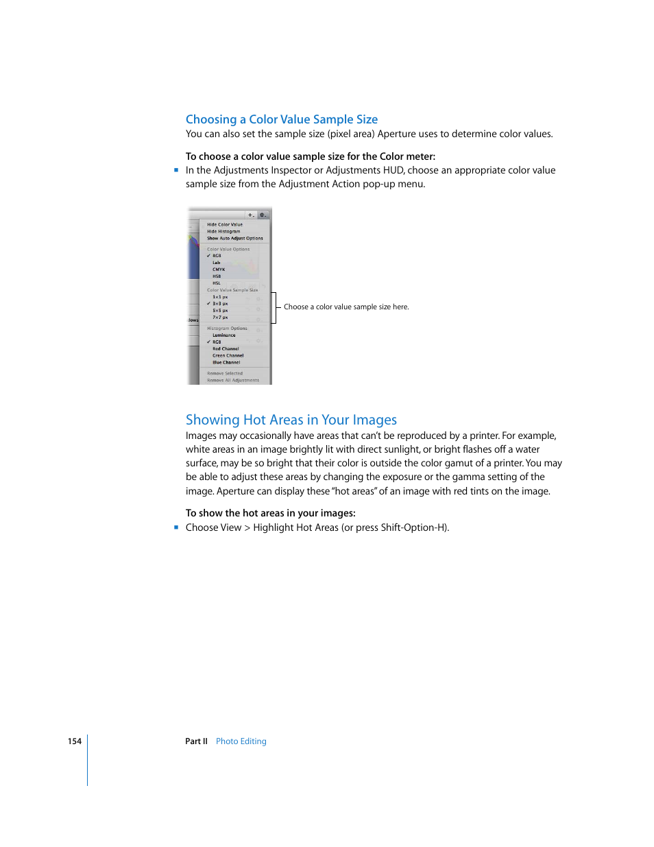 Choosing a color value sample size, Showing hot areas in your images, P. 154) | Apple Aperture User Manual | Page 154 / 476