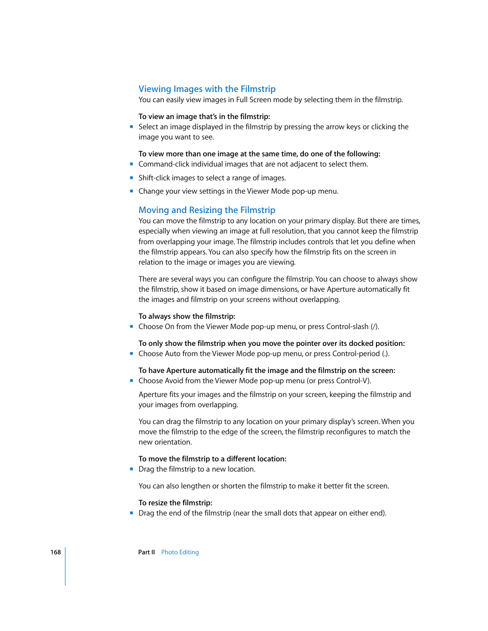 Viewing images with the filmstrip, Moving and resizing the filmstrip | Apple Aperture User Manual | Page 168 / 476