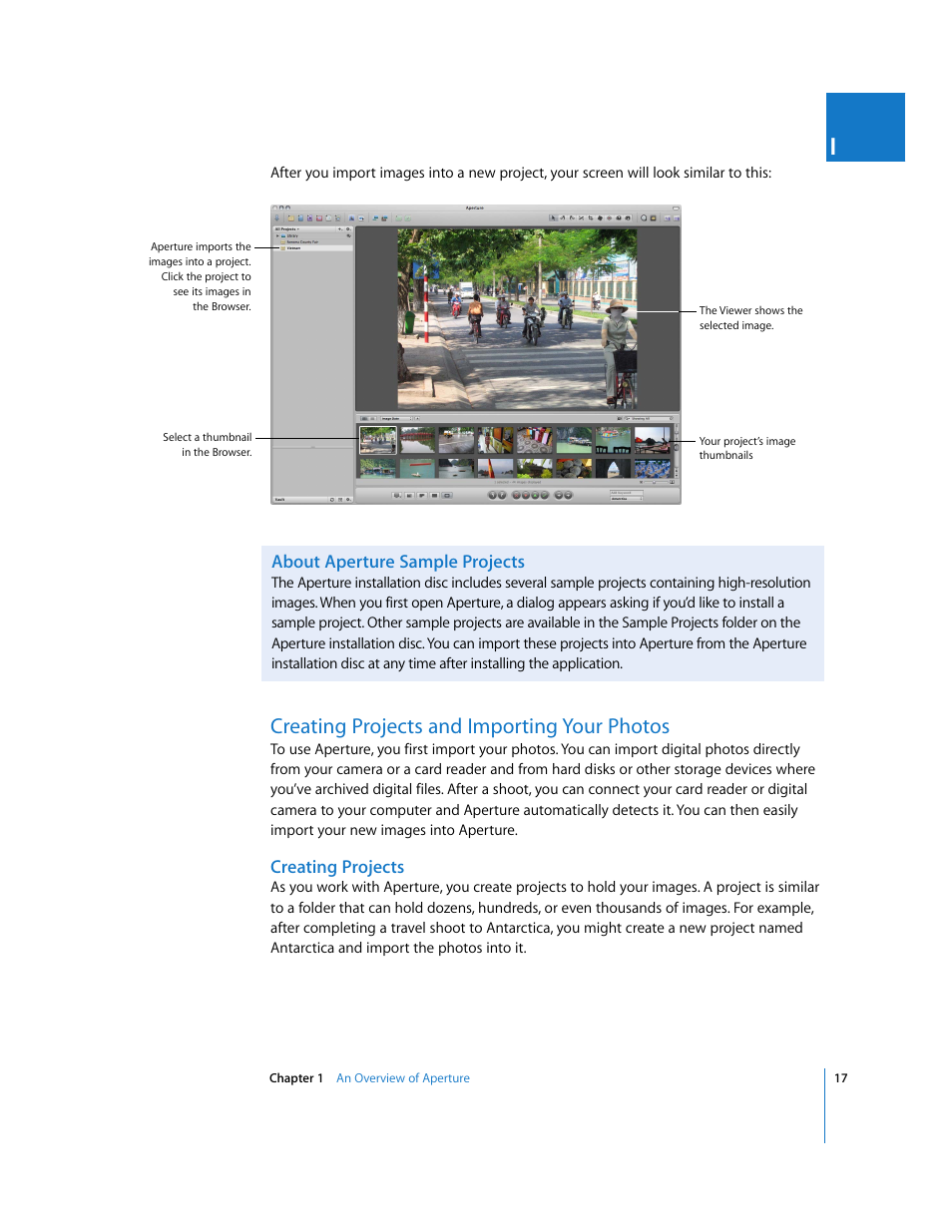 About aperture sample projects, Creating projects and importing your photos, Creating projects | P. 17) | Apple Aperture User Manual | Page 17 / 476