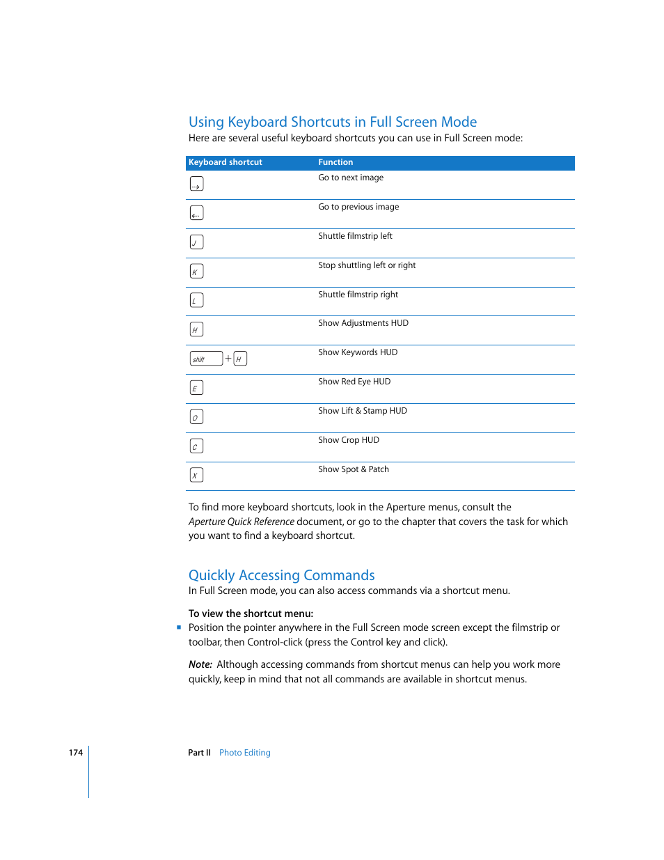 Using keyboard shortcuts in full screen mode, Quickly accessing commands, P. 174) | Using, Keyboard shortcuts in full screen mode | Apple Aperture User Manual | Page 174 / 476