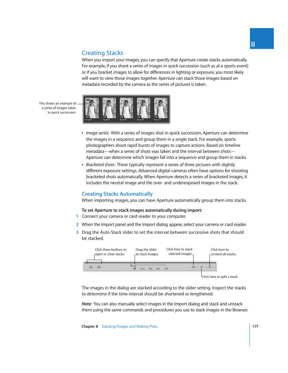 Creating stacks, Creating stacks automatically, P. 177) | Apple Aperture User Manual | Page 177 / 476