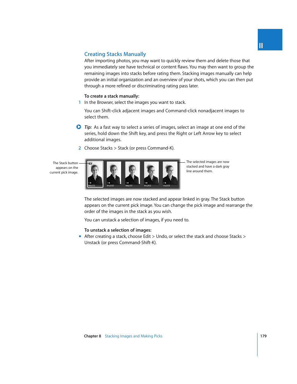 Creating stacks manually | Apple Aperture User Manual | Page 179 / 476