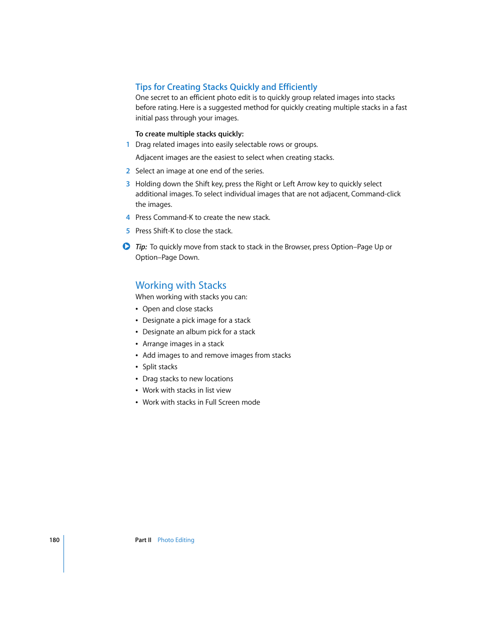 Tips for creating stacks quickly and efficiently, Working with stacks, P. 180) | Apple Aperture User Manual | Page 180 / 476