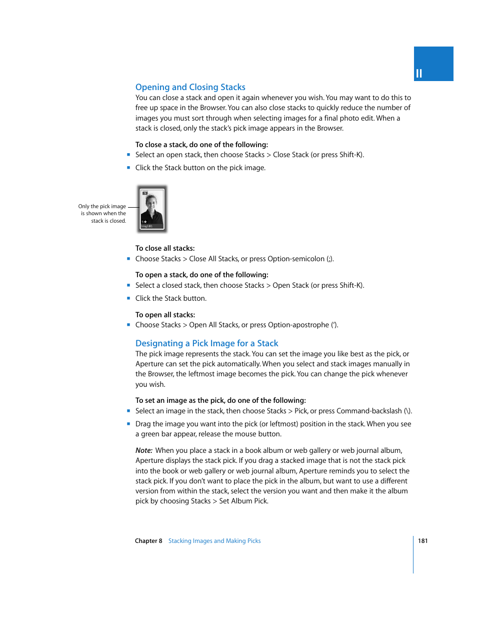 Opening and closing stacks, Designating a pick image for a stack | Apple Aperture User Manual | Page 181 / 476
