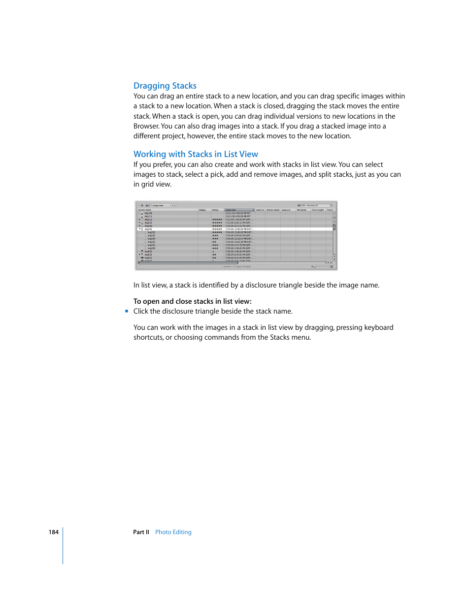 Dragging stacks, Working with stacks in list view | Apple Aperture User Manual | Page 184 / 476