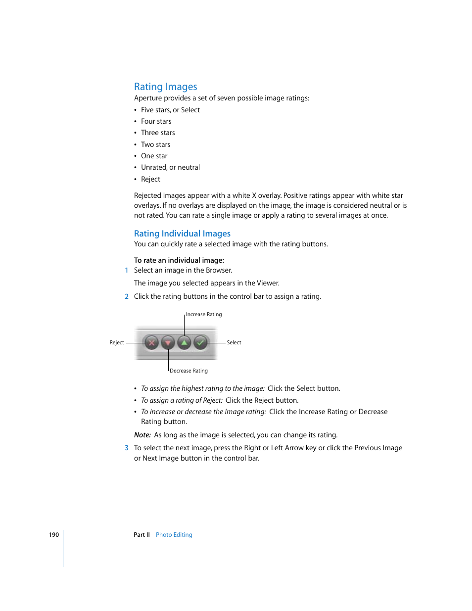 Rating images, Rating individual images, P. 190) | Apple Aperture User Manual | Page 190 / 476