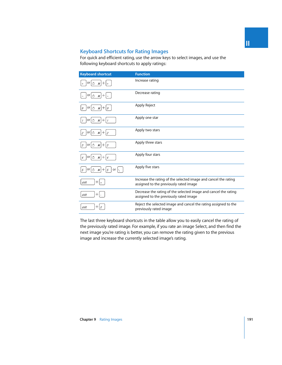 Keyboard shortcuts for rating images | Apple Aperture User Manual | Page 191 / 476