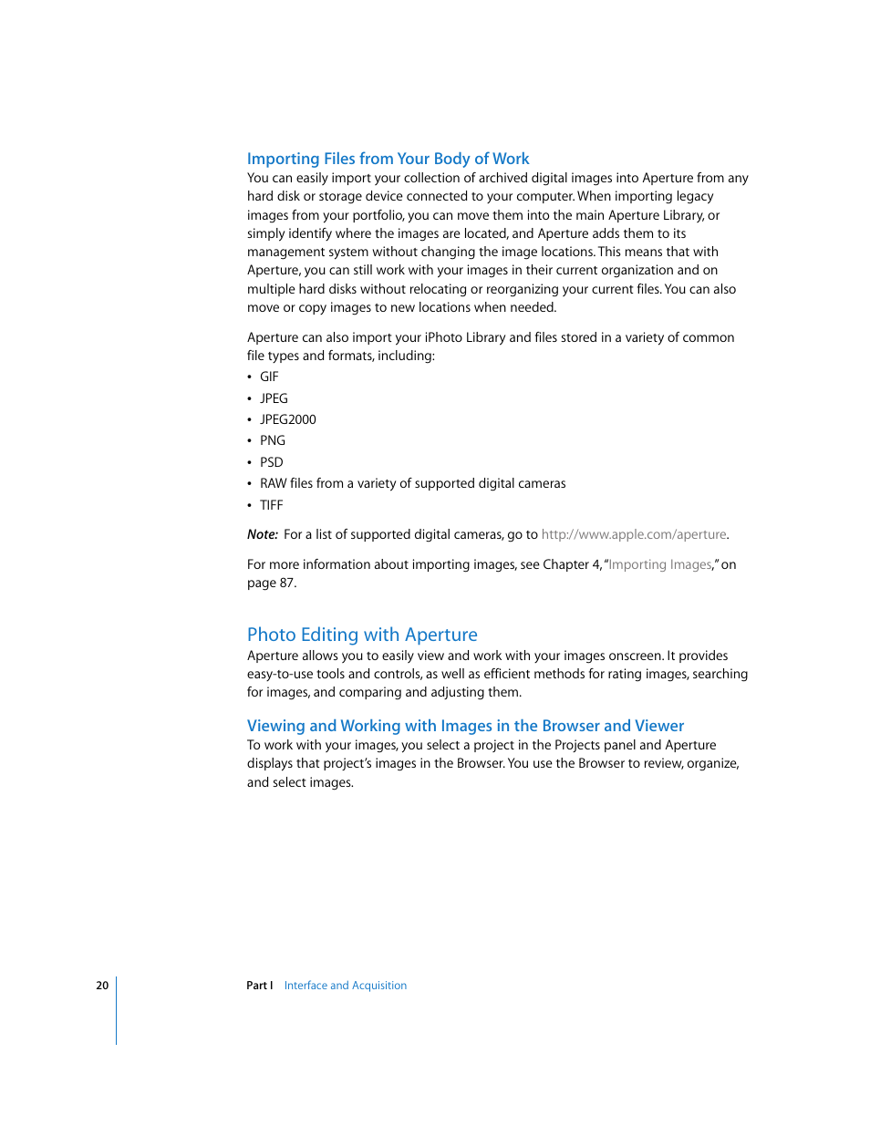 Importing files from your body of work, Photo editing with aperture, P. 20) | Apple Aperture User Manual | Page 20 / 476