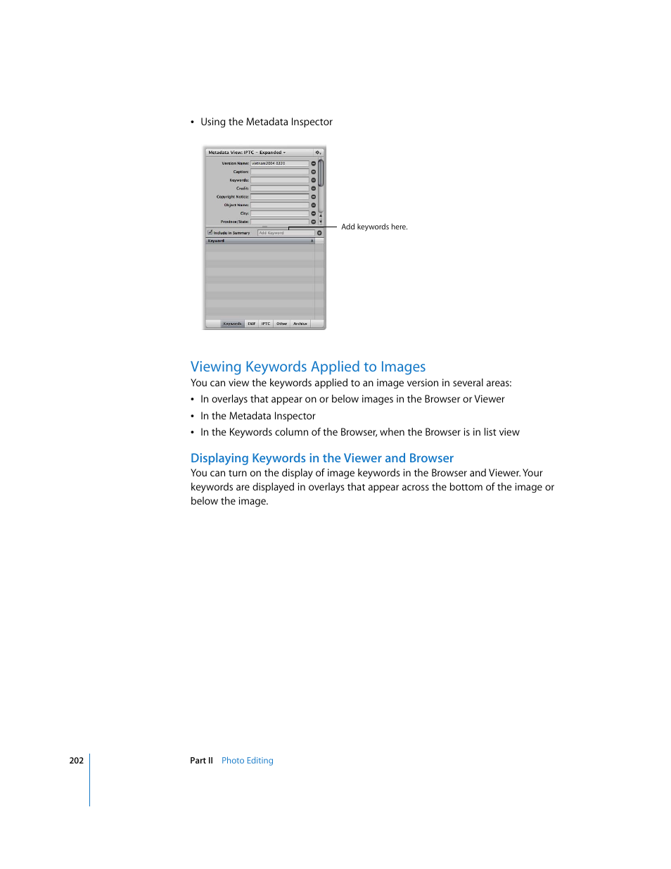 Viewing keywords applied to images, Displaying keywords in the viewer and browser, P. 202) | Apple Aperture User Manual | Page 202 / 476