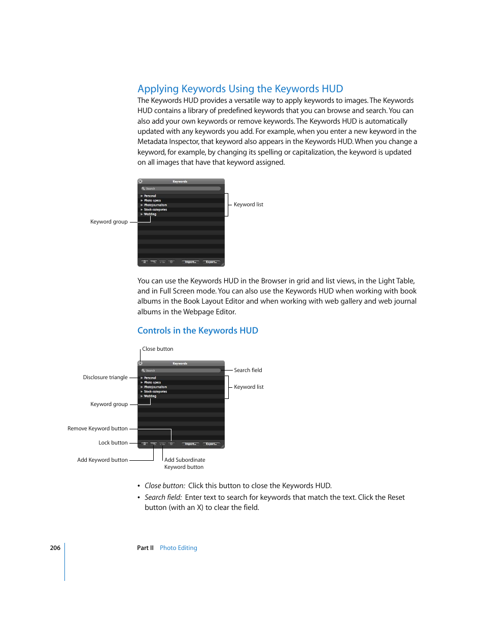 Applying keywords using the keywords hud, Controls in the keywords hud, P. 206) | Apple Aperture User Manual | Page 206 / 476