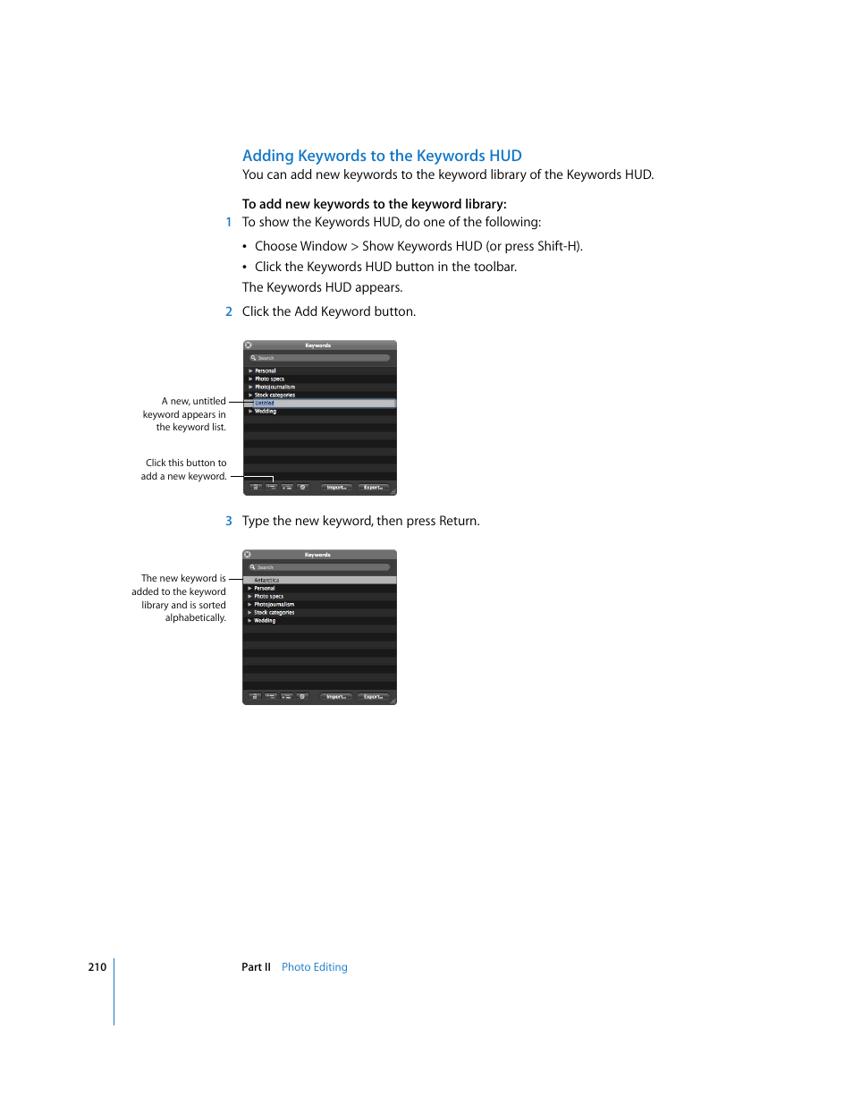 Adding keywords to the keywords hud | Apple Aperture User Manual | Page 210 / 476