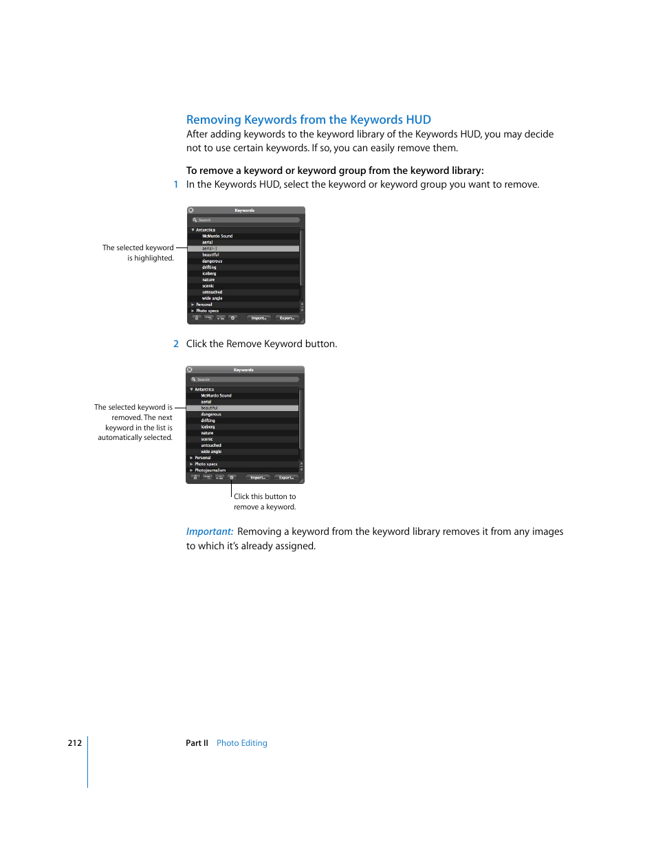 Removing keywords from the keywords hud | Apple Aperture User Manual | Page 212 / 476