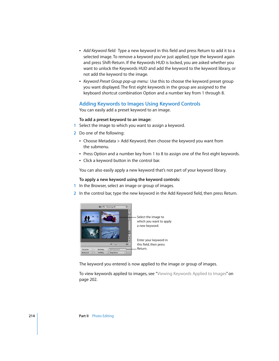 Adding keywords to images using keyword controls | Apple Aperture User Manual | Page 214 / 476