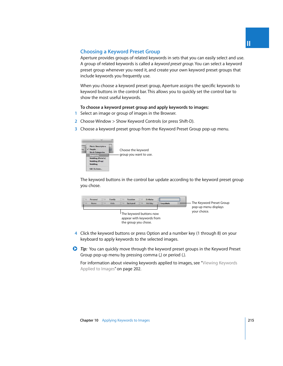 Choosing a keyword preset group | Apple Aperture User Manual | Page 215 / 476