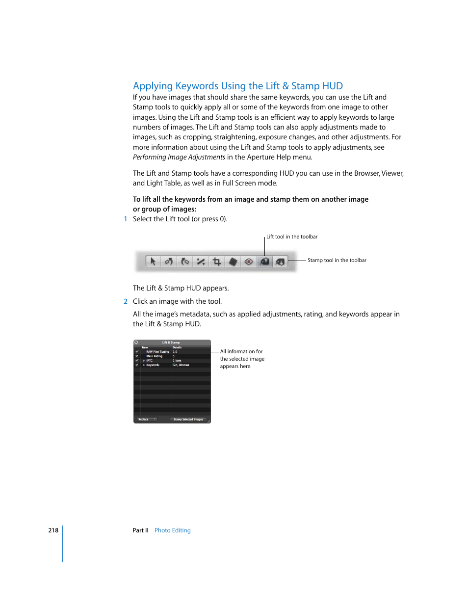 Applying keywords using the lift & stamp hud, P. 218) | Apple Aperture User Manual | Page 218 / 476