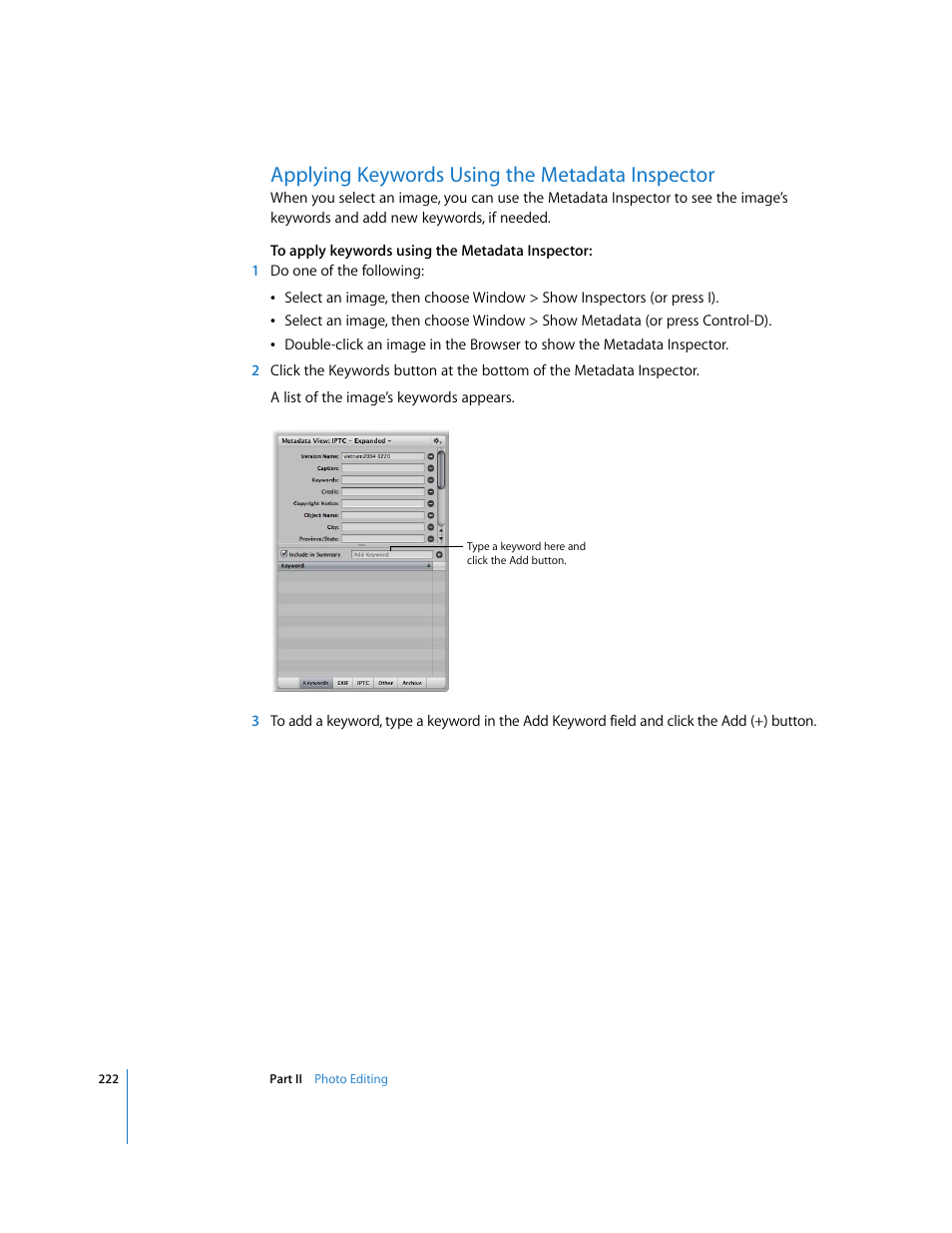 Applying keywords using the metadata inspector, P. 222) | Apple Aperture User Manual | Page 222 / 476