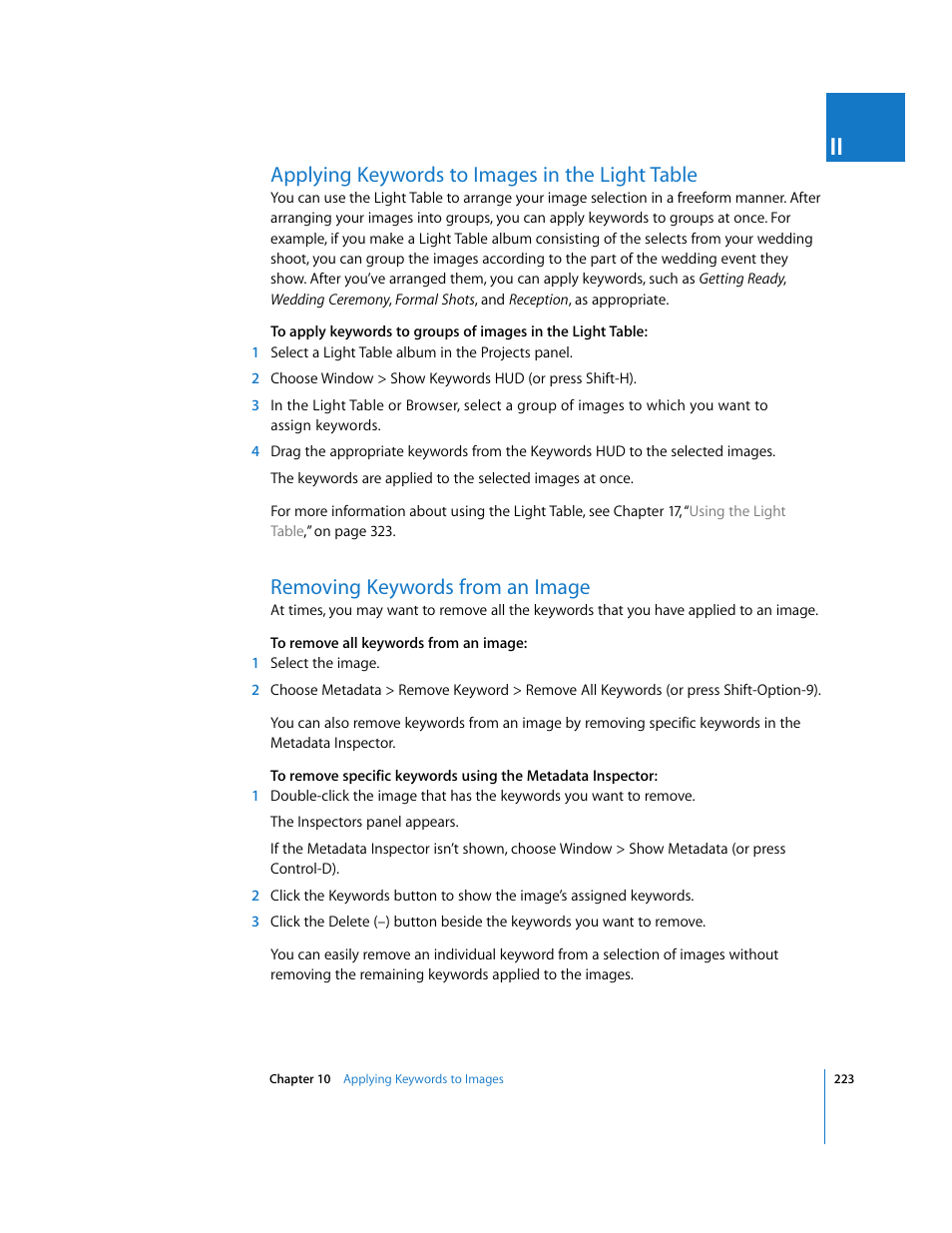 Applying keywords to images in the light table, Removing keywords from an image, P. 223) | Apple Aperture User Manual | Page 223 / 476