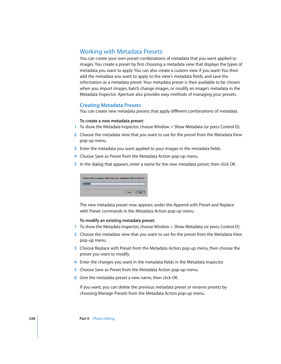 Working with metadata presets, Creating metadata presets | Apple Aperture User Manual | Page 238 / 476