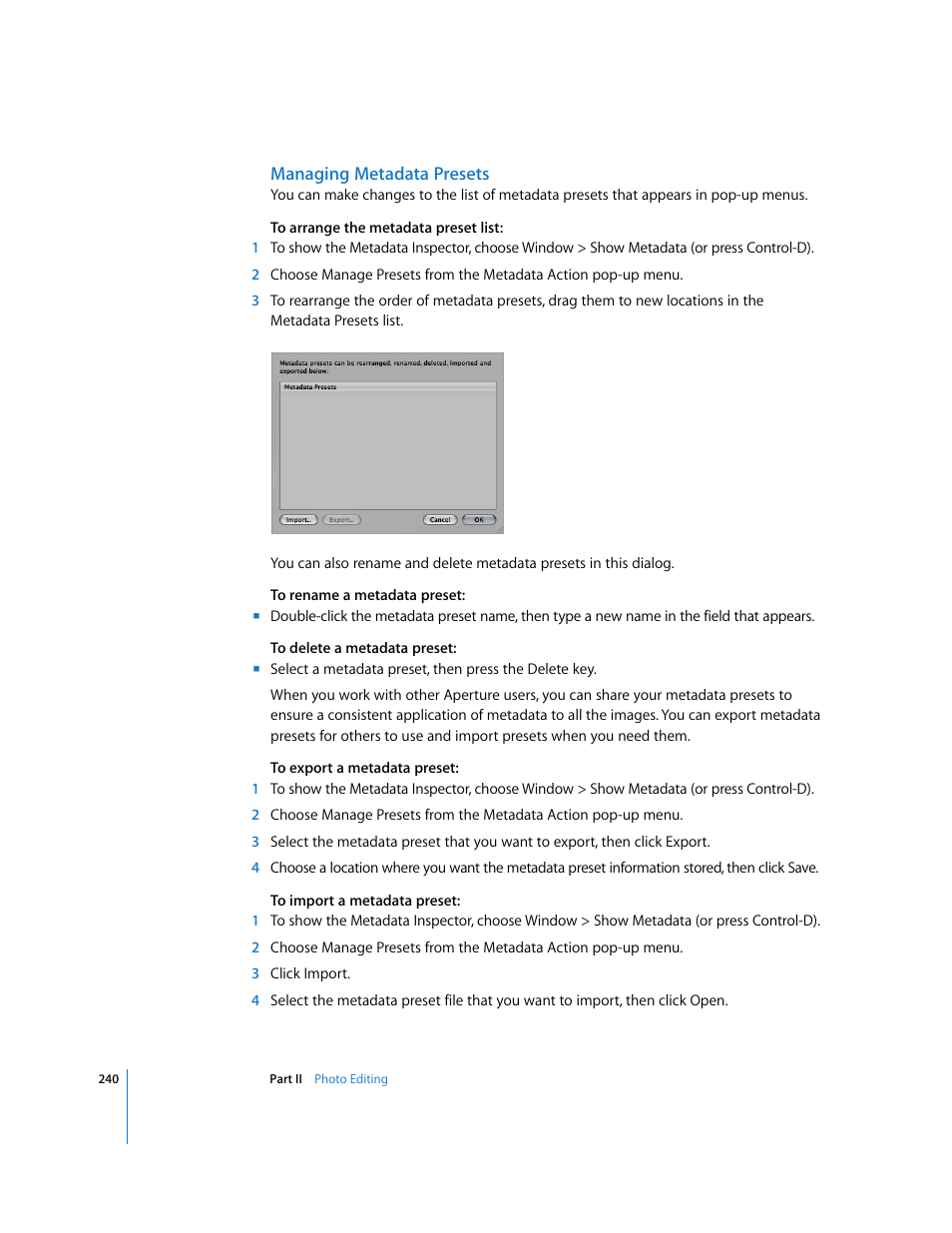 Managing metadata presets | Apple Aperture User Manual | Page 240 / 476