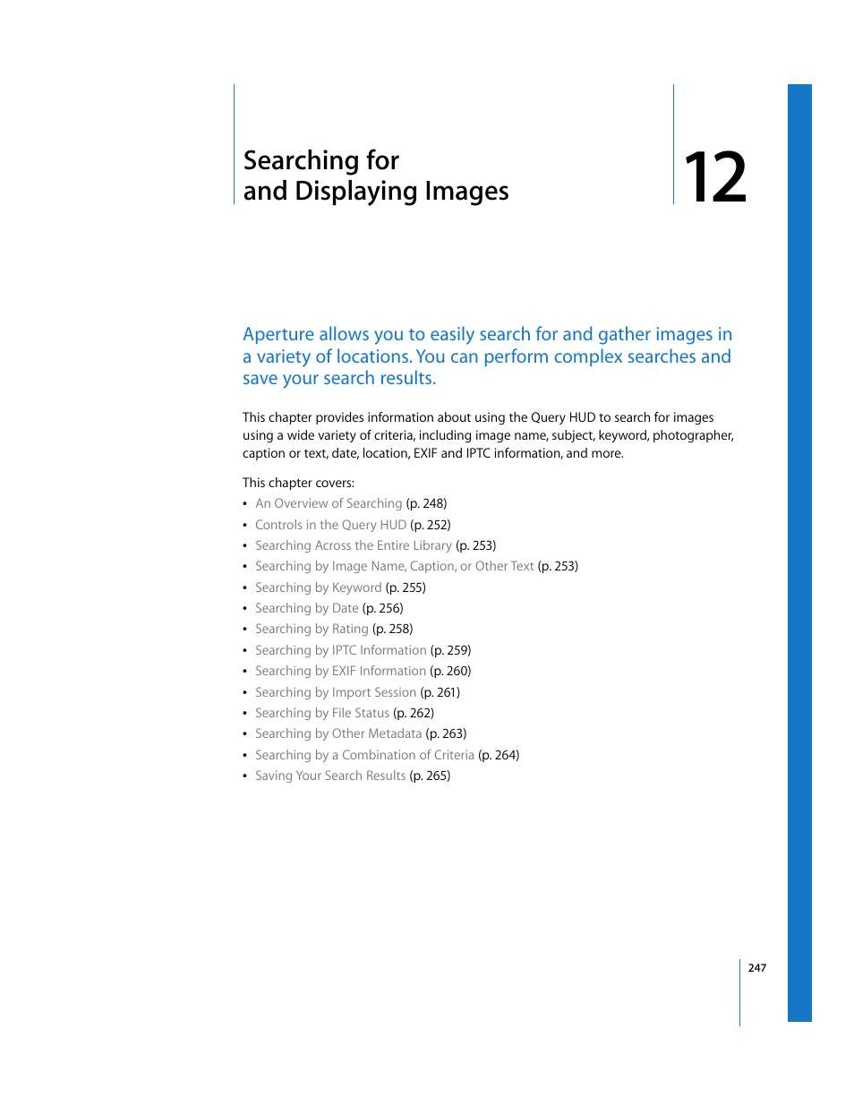 Searching for and displaying images, Chapter 12, Searching for | And displaying images, See chapter 12 | Apple Aperture User Manual | Page 247 / 476