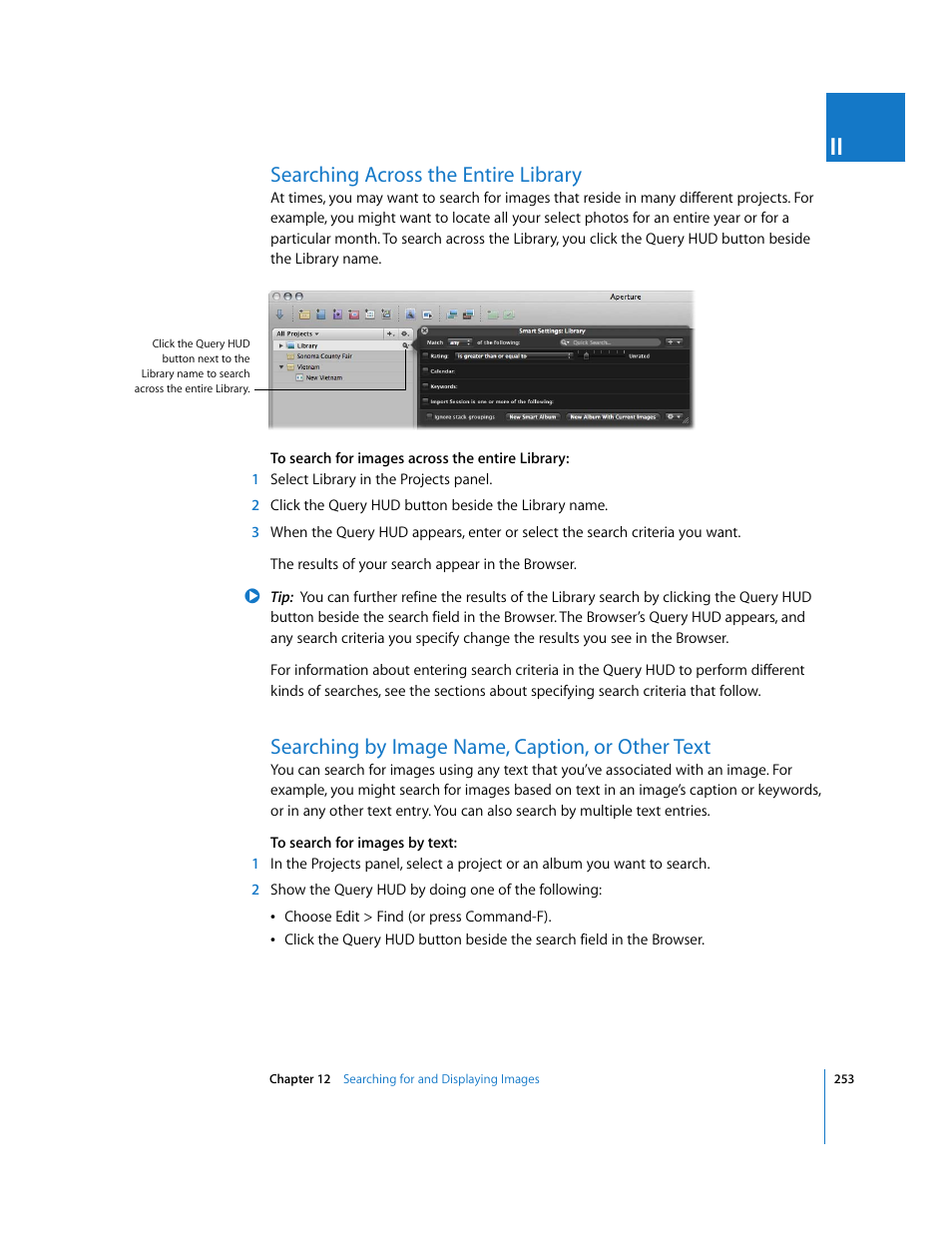 Searching across the entire library, Searching by image name, caption, or other text, P. 253) | Apple Aperture User Manual | Page 253 / 476