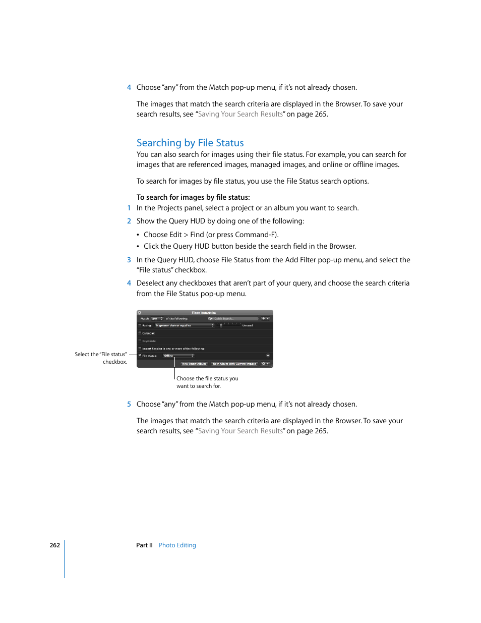 Searching by file status, P. 262) | Apple Aperture User Manual | Page 262 / 476