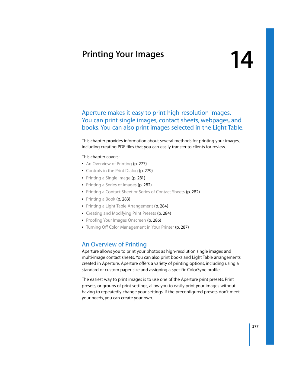 Printing your images, An overview of printing, Chapter 14 | See chapter 14 | Apple Aperture User Manual | Page 277 / 476