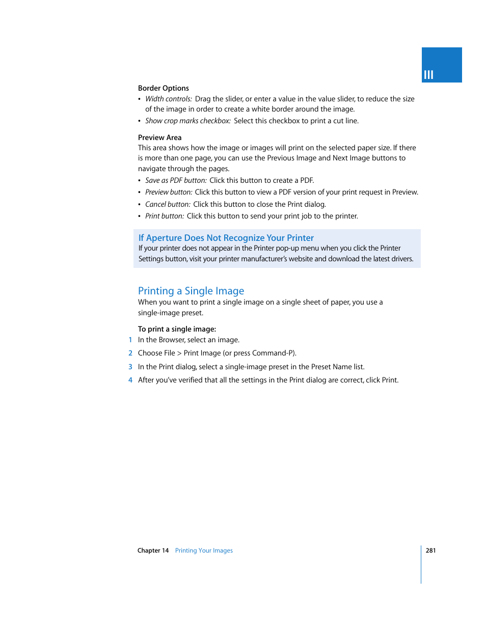 If aperture does not recognize your printer, Printing a single image, P. 281) | Apple Aperture User Manual | Page 281 / 476