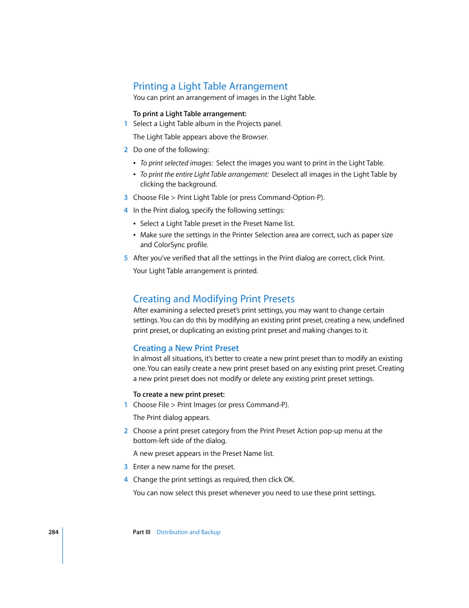 Printing a light table arrangement, Creating and modifying print presets, Creating a new print preset | P. 284) | Apple Aperture User Manual | Page 284 / 476