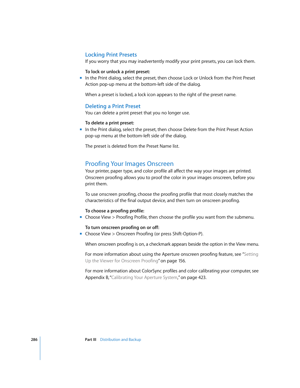 Locking print presets, Deleting a print preset, Proofing your images onscreen | P. 286) | Apple Aperture User Manual | Page 286 / 476