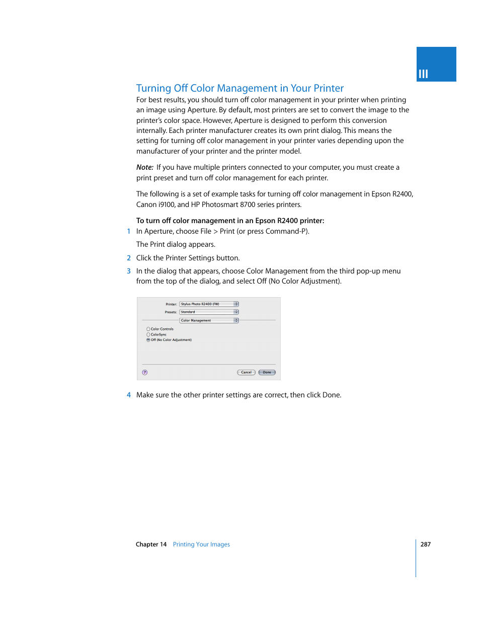 Turning off color management in your printer, P. 287) | Apple Aperture User Manual | Page 287 / 476