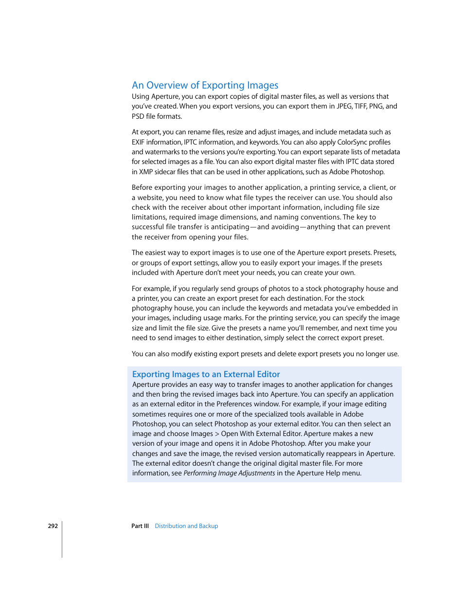 An overview of exporting images, Exporting images to an external editor, P. 292) | Apple Aperture User Manual | Page 292 / 476