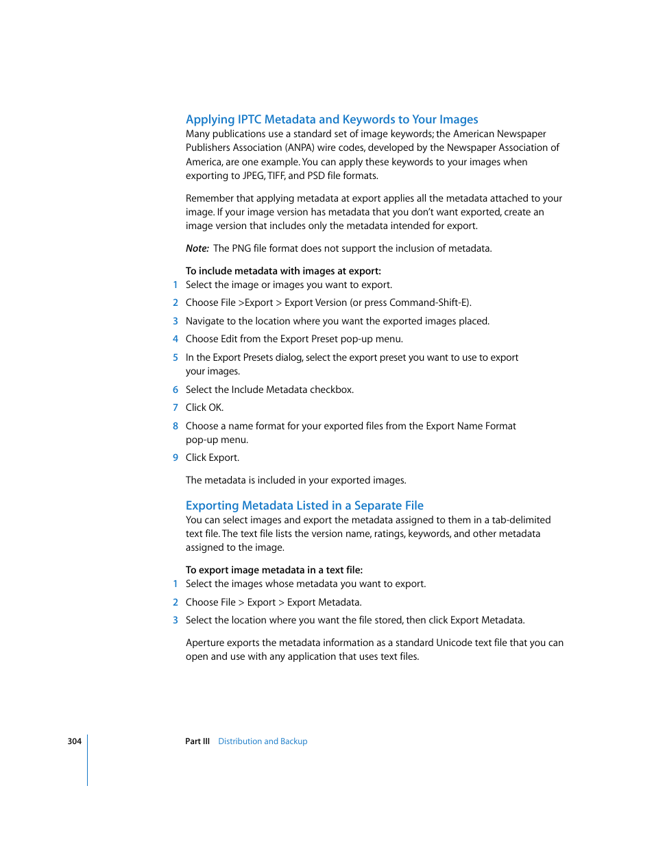 Applying iptc metadata and keywords to your images, Exporting metadata listed in a separate file | Apple Aperture User Manual | Page 304 / 476