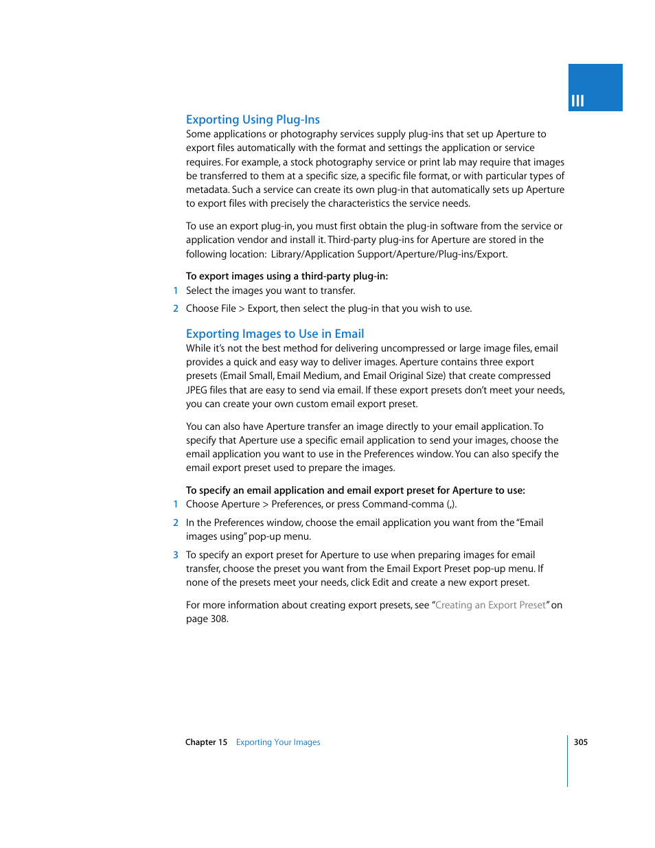 Exporting using plug-ins, Exporting images to use in email | Apple Aperture User Manual | Page 305 / 476