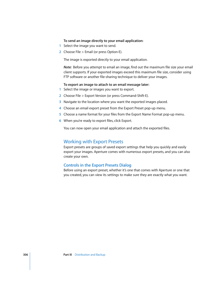 Working with export presets, Controls in the export presets dialog, P. 306) | Apple Aperture User Manual | Page 306 / 476