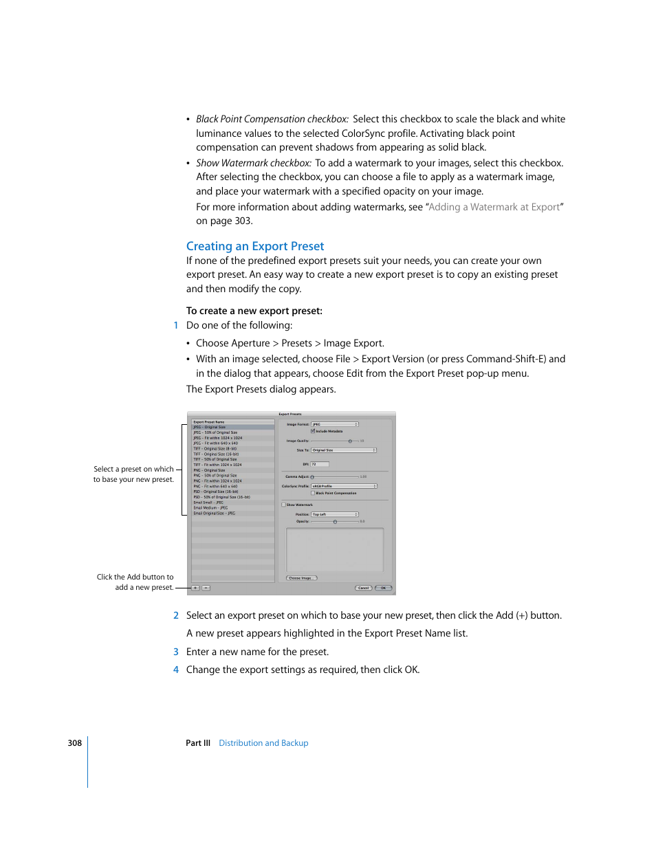 Creating an export preset | Apple Aperture User Manual | Page 308 / 476