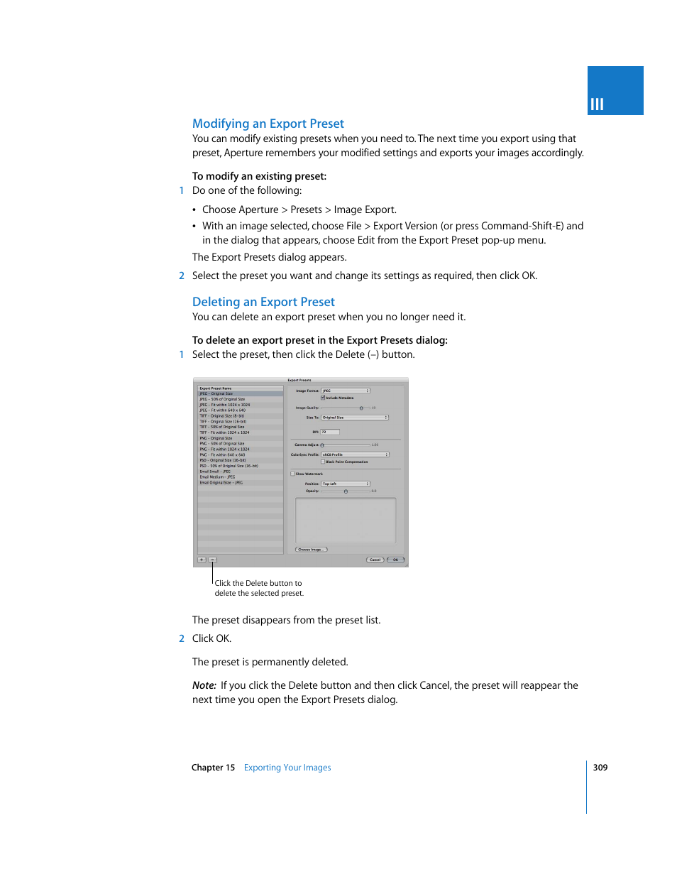 Modifying an export preset, Deleting an export preset | Apple Aperture User Manual | Page 309 / 476