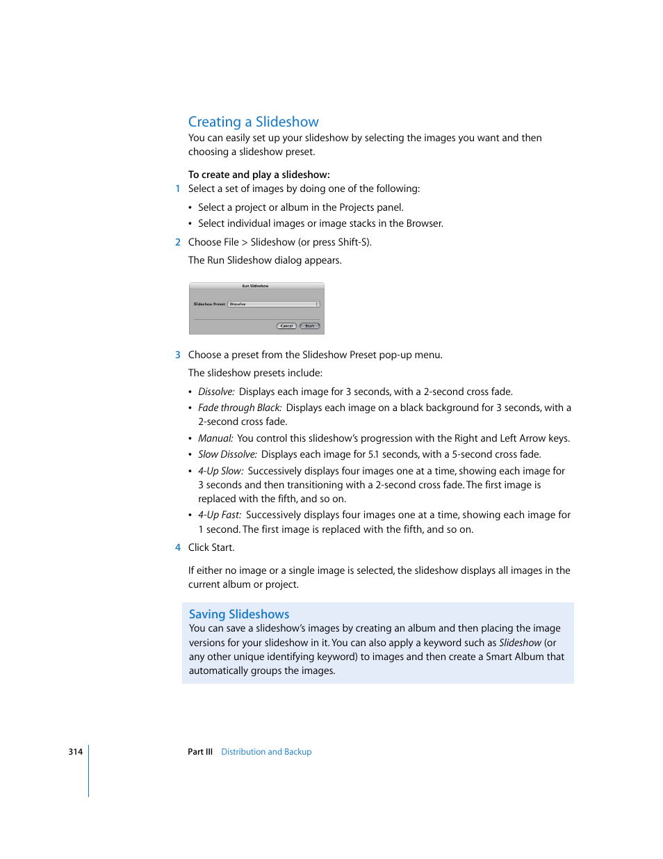 Creating a slideshow, Saving slideshows, P. 314) | Apple Aperture User Manual | Page 314 / 476