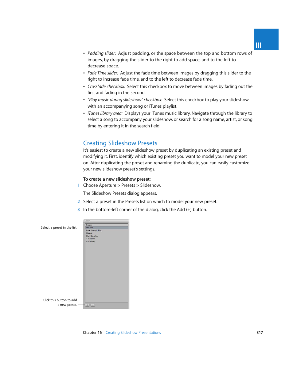 Creating slideshow presets, P. 317) | Apple Aperture User Manual | Page 317 / 476