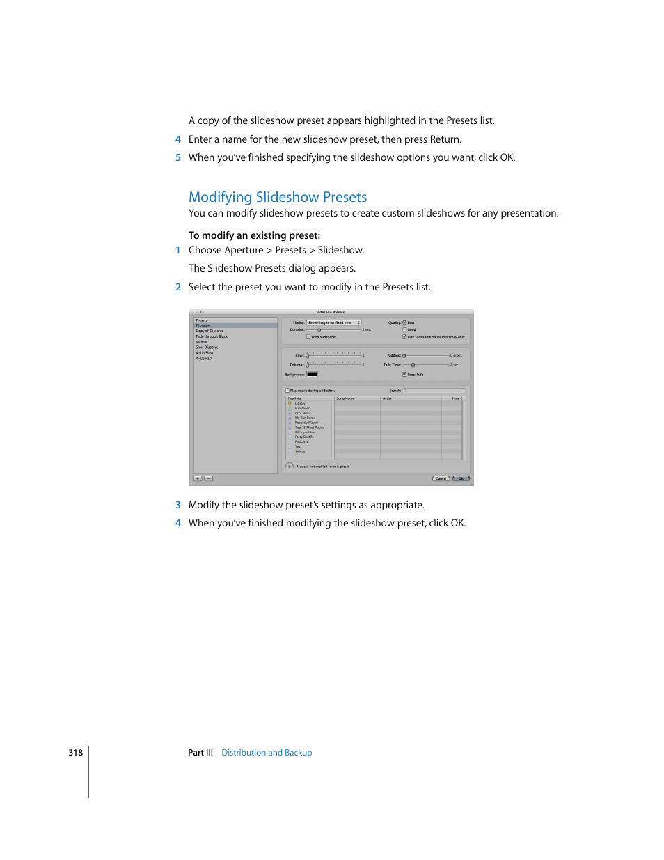 Modifying slideshow presets, P. 318) | Apple Aperture User Manual | Page 318 / 476