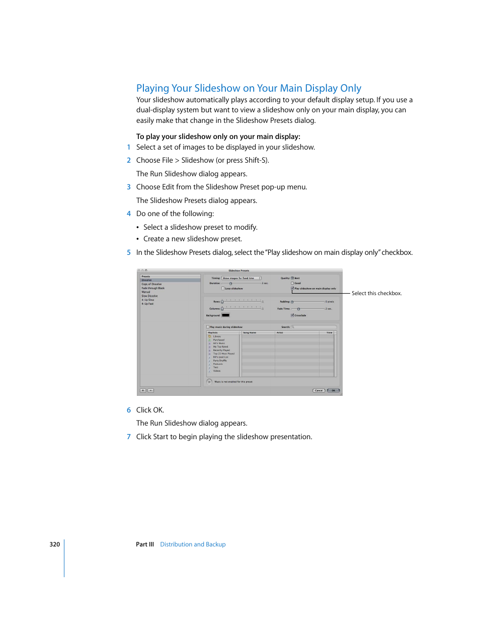 Playing your slideshow on your main display only, P. 320) | Apple Aperture User Manual | Page 320 / 476