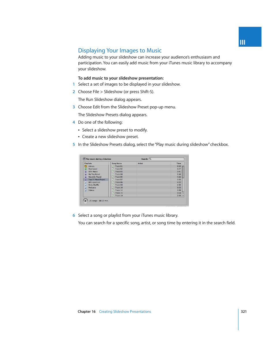 Displaying your images to music, P. 321) | Apple Aperture User Manual | Page 321 / 476