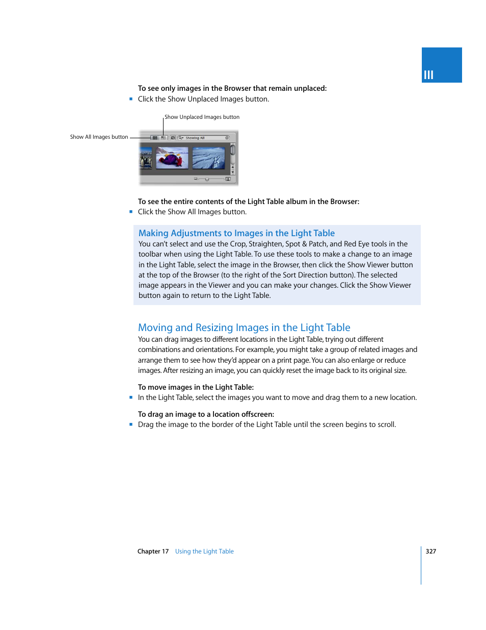 Making adjustments to images in the light table, Moving and resizing images in the light table, P. 327) | Apple Aperture User Manual | Page 327 / 476