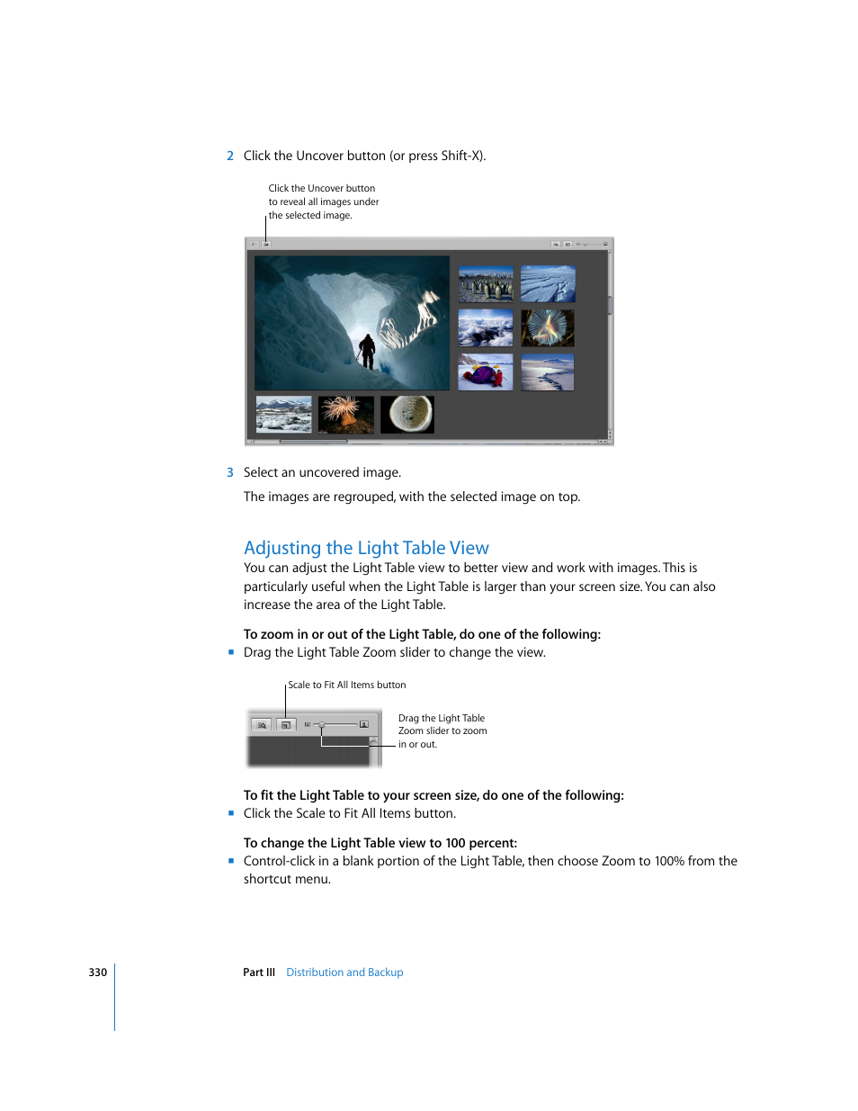 Adjusting the light table view, P. 330) | Apple Aperture User Manual | Page 330 / 476