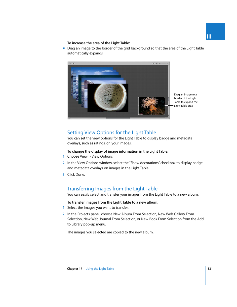 Setting view options for the light table, Transferring images from the light table, P. 331) | Apple Aperture User Manual | Page 331 / 476