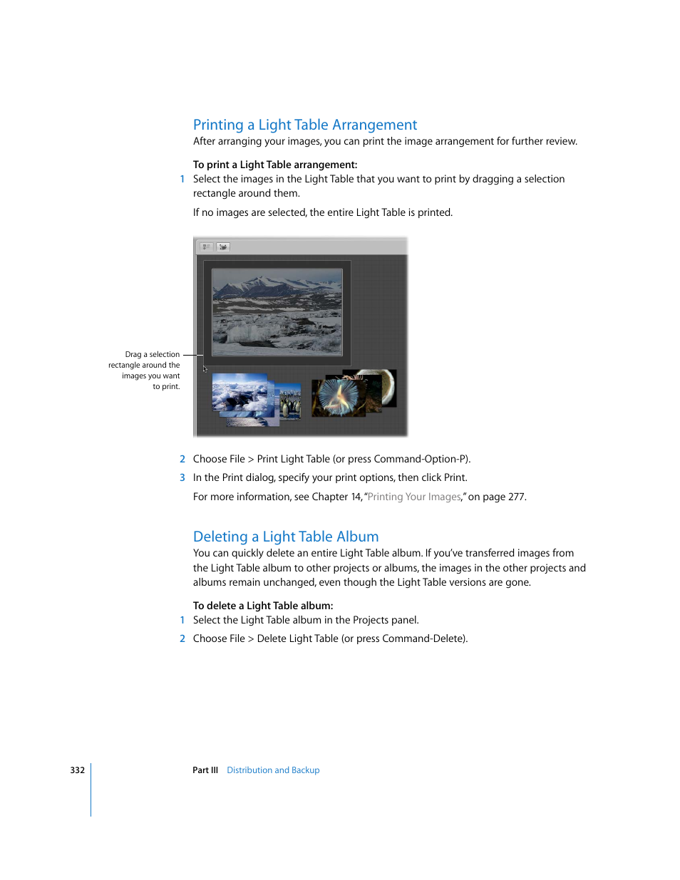 Printing a light table arrangement, Deleting a light table album, P. 332) | Apple Aperture User Manual | Page 332 / 476