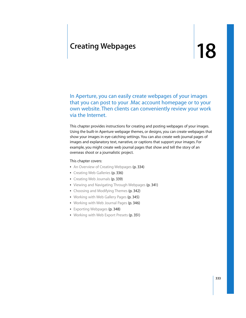 Chapter 18, See chapter 18, Creating webpages | Apple Aperture User Manual | Page 333 / 476