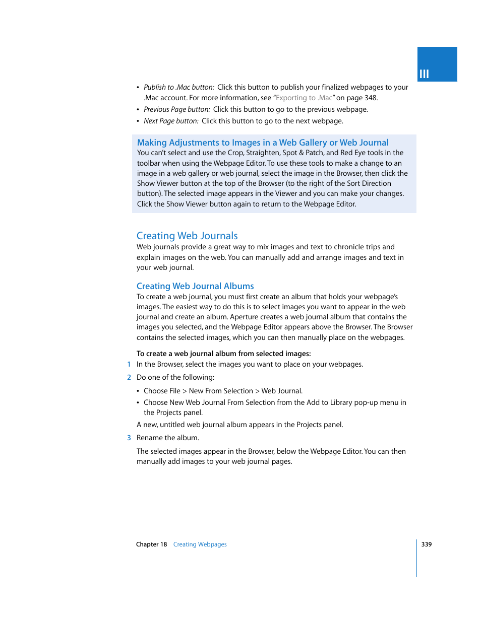 Creating web journals, Creating web journal albums, P. 339) | Apple Aperture User Manual | Page 339 / 476