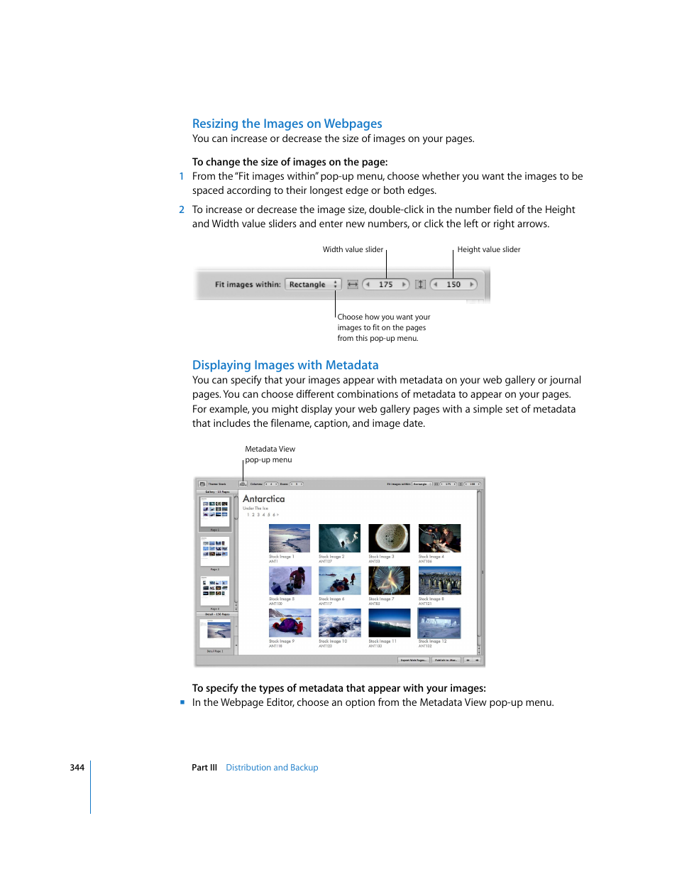 Displaying images with metadata, Resizing the images on webpages | Apple Aperture User Manual | Page 344 / 476