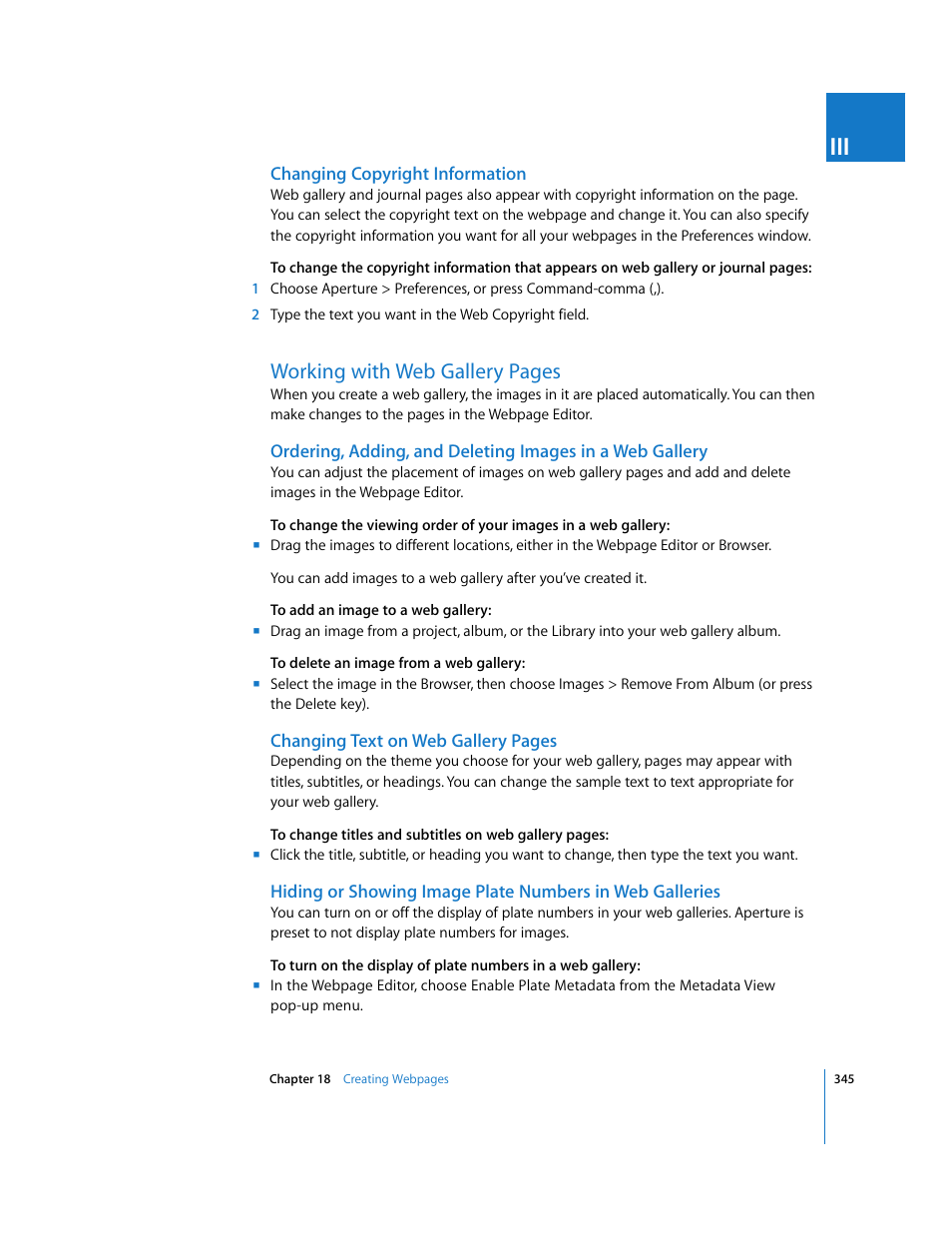 Changing copyright information, P. 345), Working with web gallery pages | Apple Aperture User Manual | Page 345 / 476